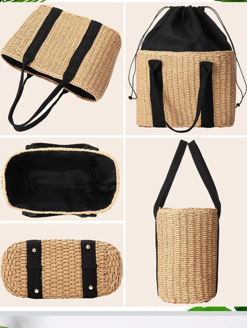Woven Straw Tote with Black Drawstring and Straps